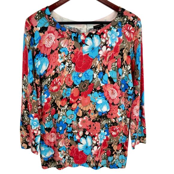 NEW NWOT Talbots Sz Medium Floral Pink Blue Knit Sweater Blouse Shirt Top Summer - Picture 1 of 8